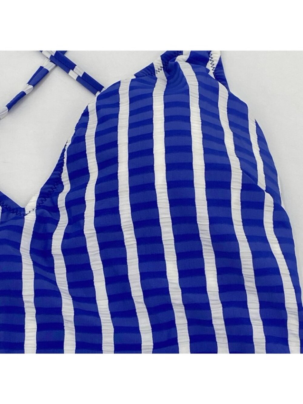 J.Crew Size 10 Blue White Lace Up Back One Piece Swimsuit Puckered Stripe H2911 - Picture 9 of 14
